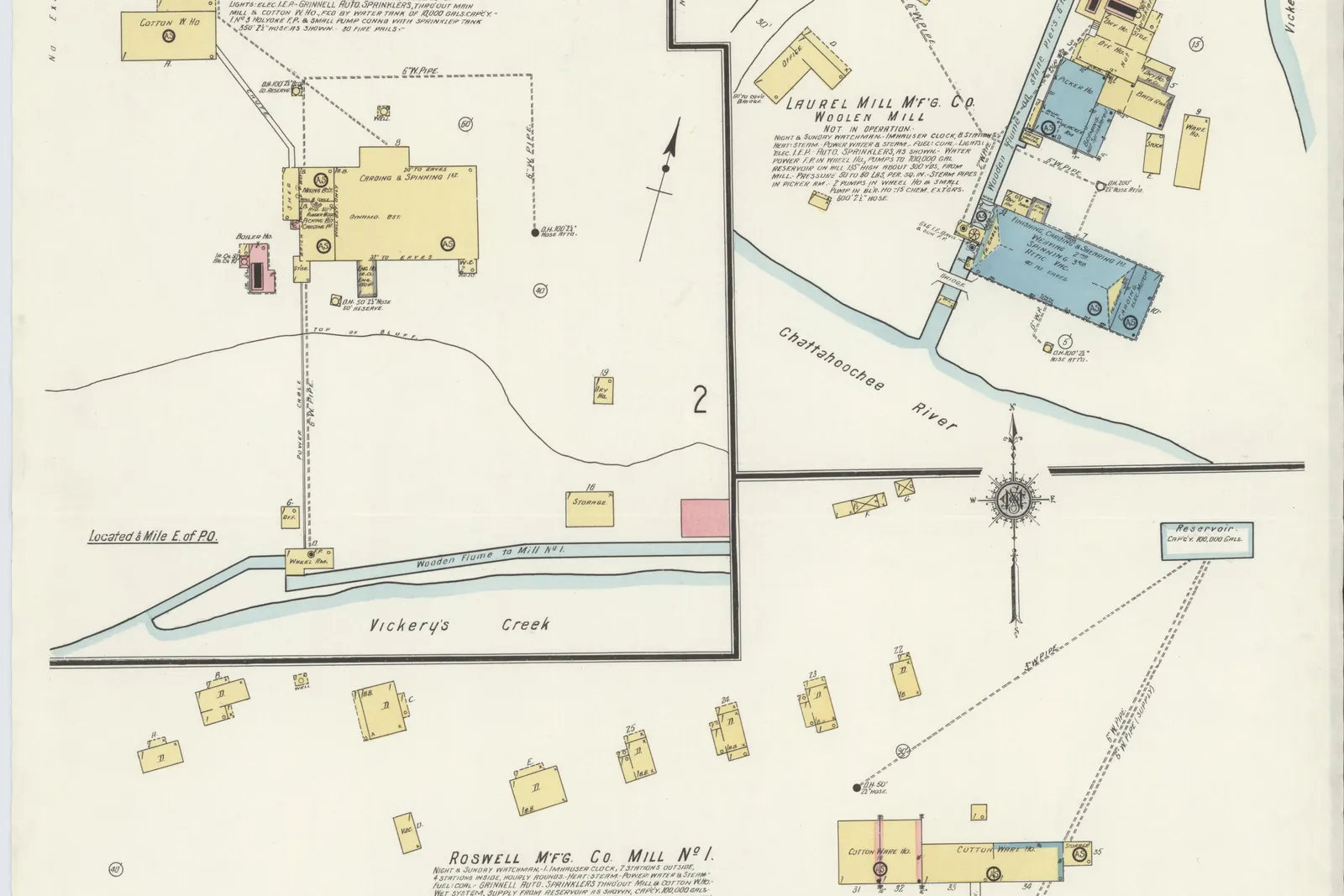 A hand-coloured fire-insurance map sheet (plate 2) showing the mill complexes along water: "Roswell Mfg. Co. Mill No. 1" in pink brick beside "Vickery's Creek" with a wooden flume to the mill, "Roswell Mfg. Co. Mill No. 2" with its cotton warehouse, and "Laurel Mill Mfg. Co. Woolen Mill" (marked 'not in operation') on the "Chattahoochee River" bank. There are scattered small yellow dwelling footprints, a reservoir, and a small label reading "Apr. 1911 Roswell, Ga.".